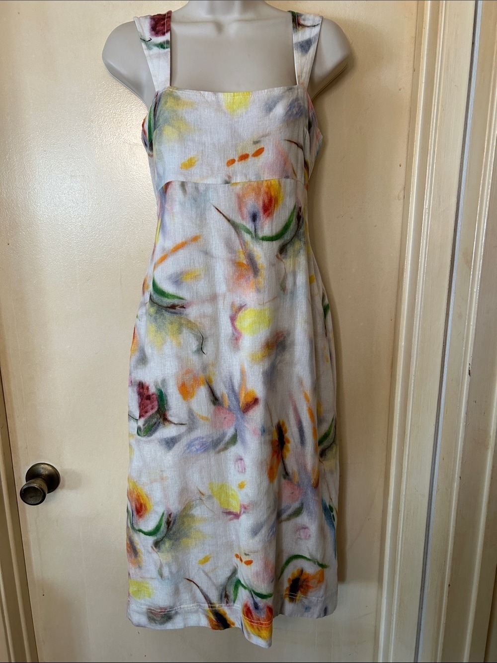 Pilcro Cream Linen Floral Watercolor Square-Neck Midi Dress size XS